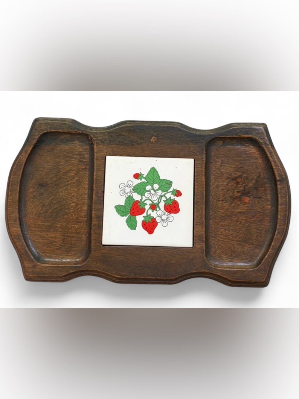 Vintage Ceramic Strawberry Tile Wooden Serving Tray Platter Cottagecore Decor